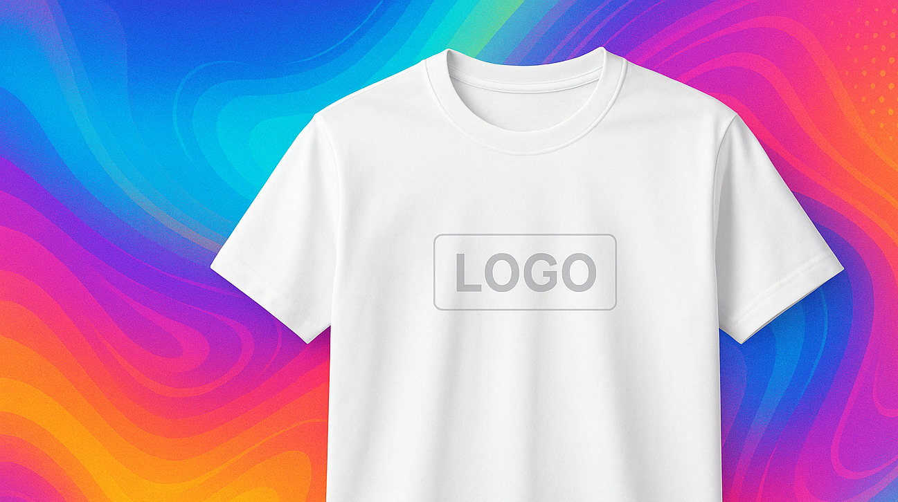 white t-shirt with logo here design with a colorful background